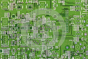 Close up green electronic printed circuit board pcb for computer or equipment