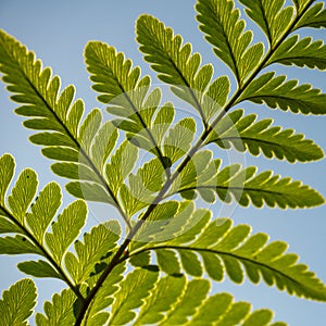 Close up of green fern leaf on blue background.