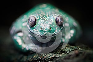 Close-up of a green frog with white spots