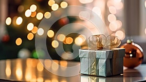 Close up green gift box with gold ribbon and bauble, Christmas tree and bokeh on the background, Christmas background. Generative