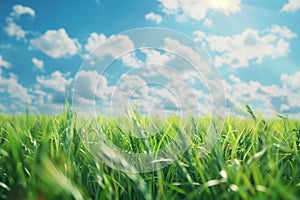 Close-up of green grass in a meadow on the background of a bright blue sky.