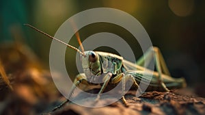 Close up green grasshopper on the ground. Generative AI