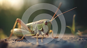 Close up green grasshopper on the ground. Generative AI
