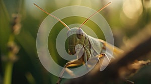 Close up green grasshopper on the ground. Generative AI