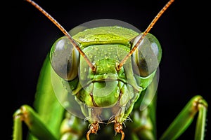 Close up of green grasshopper isolated on black background. Macro