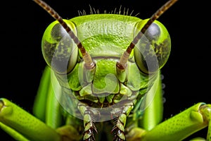 Close up of green grasshopper isolated on black background. Macro
