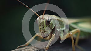 Close up green grasshopper on the wood. Generative AI