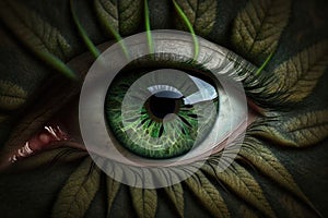 Close up of green human eye with green leafs