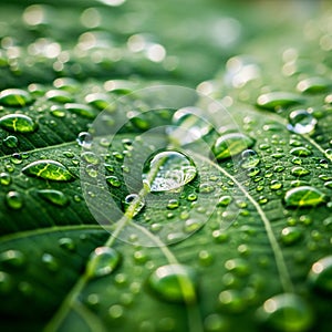 Close-up of a green leaf adorned with water droplets. The droplets vary in size,