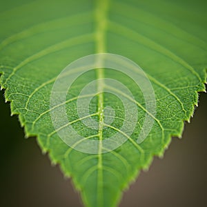 Close-up of a green leaf displaying a detailed network of veins. The central vein runs photo