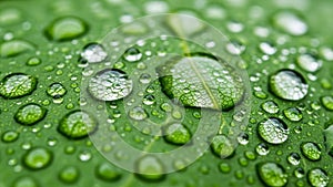 Close up of a green leaf with multiple water droplets on its surface