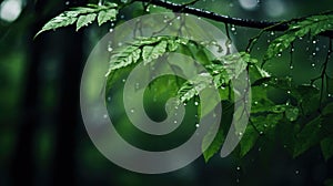 A close up of a green leaf with rain drops on it, AI