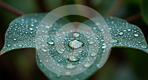 Close-up of a green leaf with raindrops scattered across its surface. The leaf has a