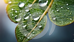 Close-up green leaf surface with water drops in a natural background. Generative AI.