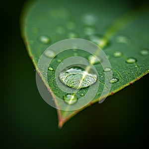 Close-up of a green leaf with water droplets on its surface. The leaf is sharply focused