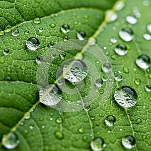 Close-up of a green leaf with water droplets. The leaf's surface shows a network of veins, and the