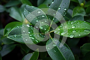 close-up of green leaves, with droplets of dew