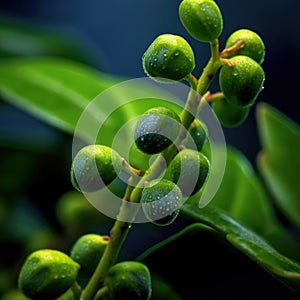 Close-up of green leaves and fruit on plant. There are several small, green fruits hanging from branches of plant