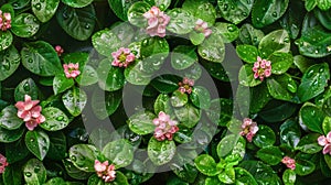 Close Up of Green Leaves and Pink Blooms