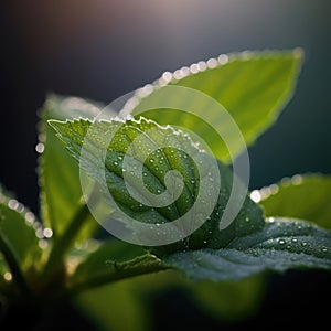 Close-up of green leaves and stems of plant, with droplets of water on them. These droplets are shining in sunlight