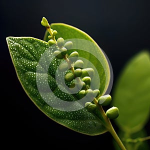Close-up of green leaves and stems of plant, with some droplets on them. These droplets are likely water or rain that
