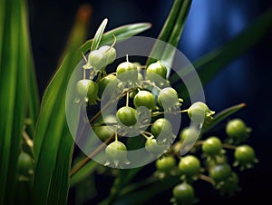 Close-up of green leaves and stems, with several small blue berries hanging from stem. These berries are located near