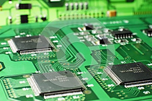 Close up green memory board with SMD chip