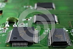 Close up green memory board with SMD chip