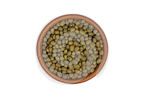 Close up green mung beans in wooden bowl