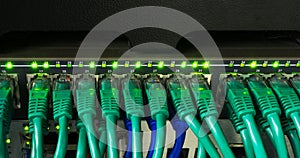 Close up of green network cables connected to switch glowing