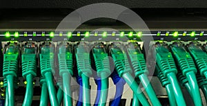Close up of green network cables connected to switch glowing