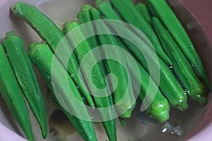 Close up, green okra, boiled into herbal food