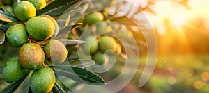 Close up of green olives on sunlit olive tree branch in spain, showcasing spanish olive fruits