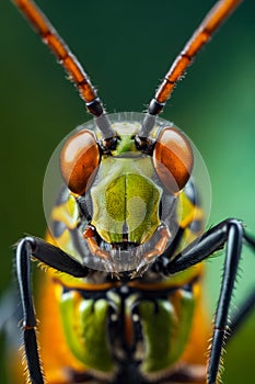 Close up of green and orange insect with large eyes and long antennae. Generative AI