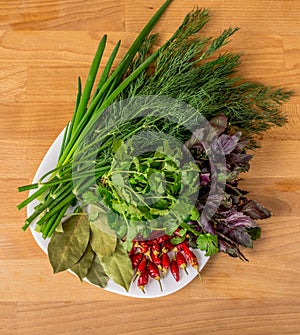 Close up of green organic herbs, basil, coriander, fennel, green onion, red chili peppers on white plate, rustic wooden background