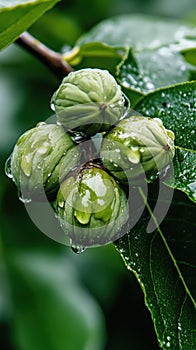 Close-up of green persimmon fruit cluster with dew on leaves