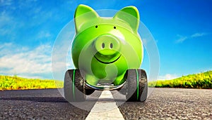 Close-up of a Green Piggy Bank with Wheels on Asphalt Road - Generative Ai