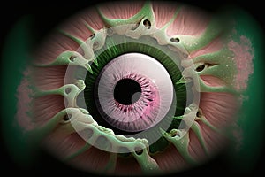 a close up of a green and pink eyeball with a black background and a black circle in the center of the eye with white dots