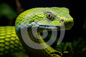 Close-up of a green pit viper Naja sp, Green ratsnake, Gonyosoma oxycephalum, AI Generated