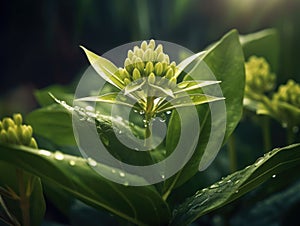 Close-up of green plant with several leaves and flowers. The plant is surrounded by water droplets, which give it an