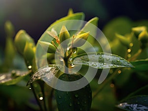 Close up of green plant with water droplets