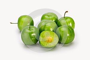 Close Up Of Green Plums Or Greengage showing the flesh and the s