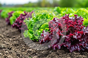 Close-up of green and purple lettuces planted in an agricultural field ready to be harvested