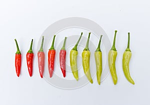 Close up green and red chili pepper on white background