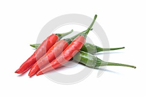 Close up green and red chili pepper on white background isolated