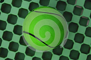 Close-up of a green rubber ball on a tennis racket