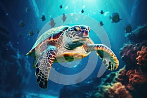 Close-up of a green sea turtle swimming underwater