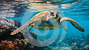 close up of green sea turtle in water