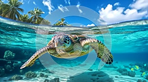 close up of green sea turtle in water
