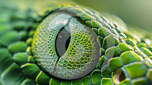 Close up of green snake eye detailing intricate scales and intense gaze of reptilian predator